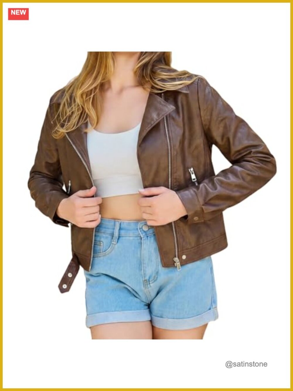Women's Cropped Faux Leather Moto Jacket Slim Fit 2026